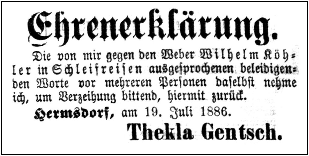 1886-07-19 Hdf Ehrenerklaerung Gentsch
